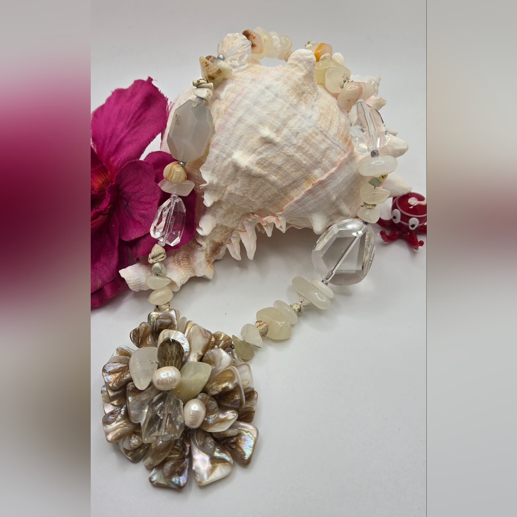 Cluster Pendant Necklace Pearls, Crystals, Mop, Stone Wire Strung 14" + 3" Ext